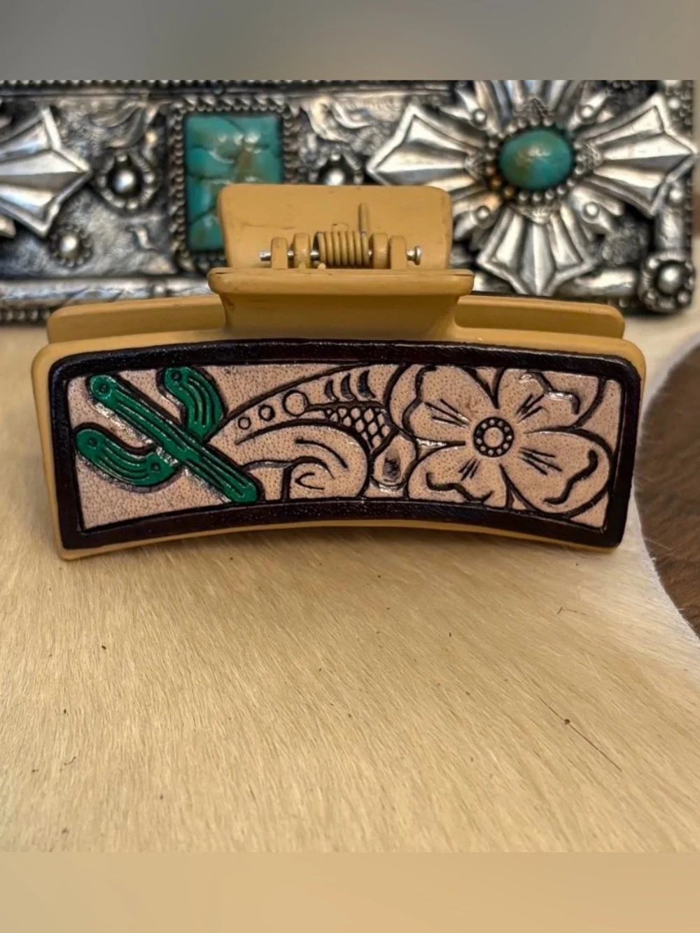 Neutral Beige Floral & Cactus Hair Claw Clip
